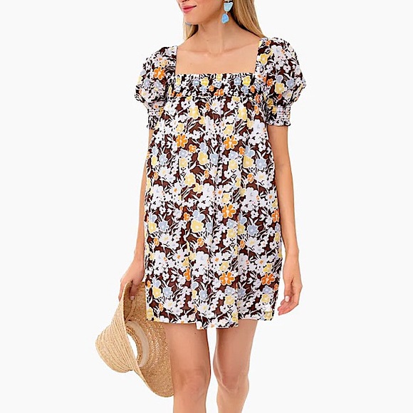 Tory Burch Floral Puff Sleeve Dress - White, Yellow, Brown - Picture 1 of 11